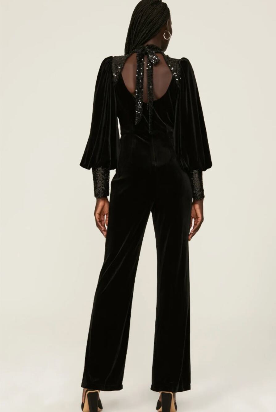 Badgley Mischka Black Velvet Jumpsuit SIZE 10 Cocktail Soft Sequin Designer $630 - Picture 1 of 11